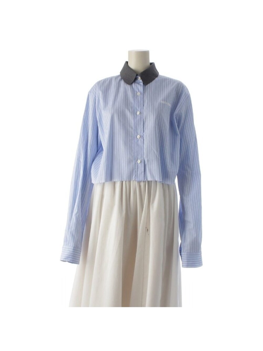 Miu Miu Cotton Logo Cropped Stripe Bleed Processing Blouse Collar Ribknit
